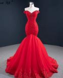 Robes de soirée sirène rouge haut de gamme hors épaule perles diamant robe formelle Serene Hill Hm67150 robes de soirée