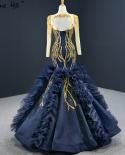 Bleu marine sirène robes de soirée haut de gamme à manches longues perles à lacets robe formelle Serene Hill Hm67132 robe de soi
