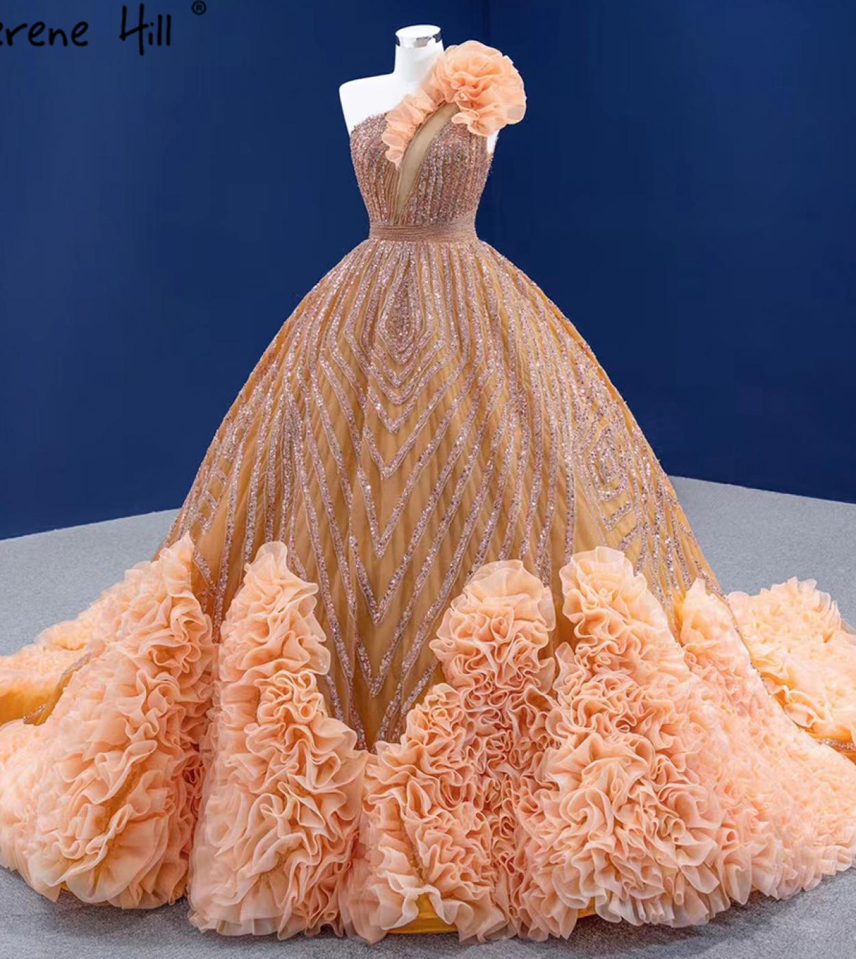 Serene Hill luxe Orange une épaule robes de mariée 2022 haut de gamme perlé ruché robe de mariée Hm67358 sur mesure Wedd