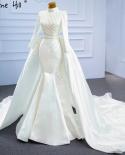 Serene Hill White Muslim Detachable Train Wedding Dresses 2023 Mermaid Elegant Beading Satin Bridal Dress Hm67248 Custom