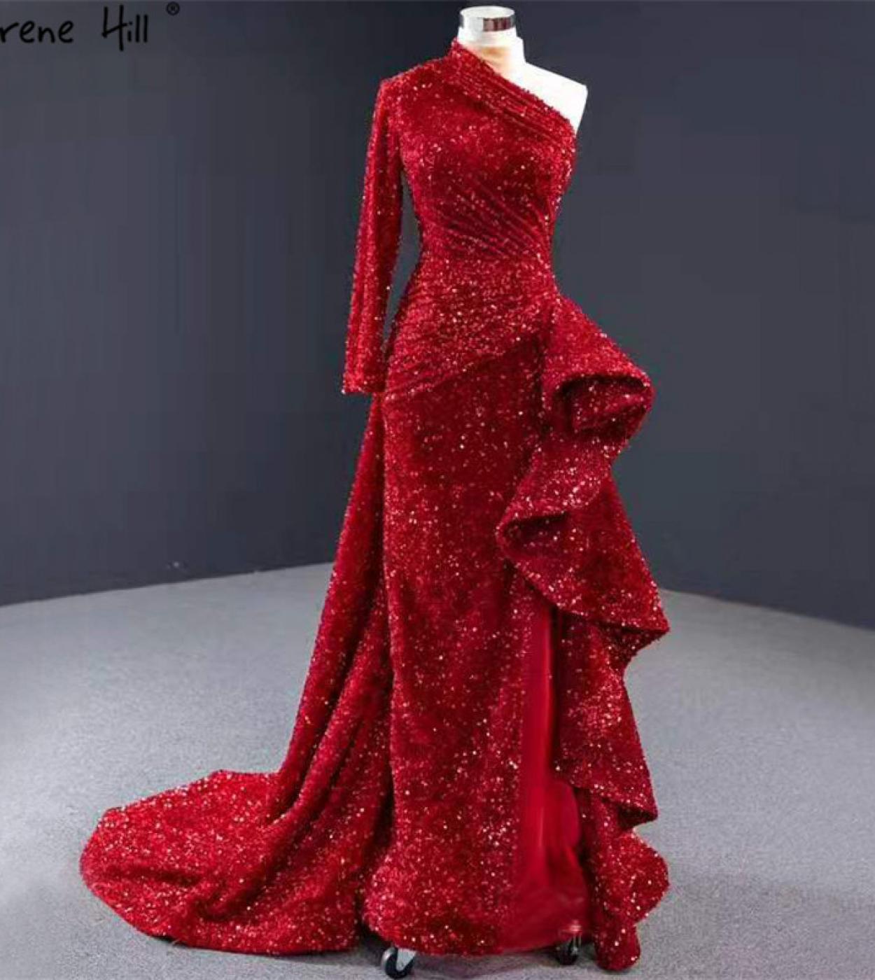 Dubai Luxury One Shoulder Red Evening Dresses  Sequined Sparkle Mermaid  Fromal Dress Serene Hill Hm67056  Evening Dress