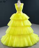 Yellow V Neck  Tiered Tulle Evening Dresses 2023 Photography Sleeveless Lace Up Formal Dress Serene Hill Hm67154evening 