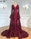 Dubai Design Wine Red Luxury Evening Dresses  Sequined Long Sleeve Sparkle Fashion Bride Toasting Gowns Hm66740  Evening