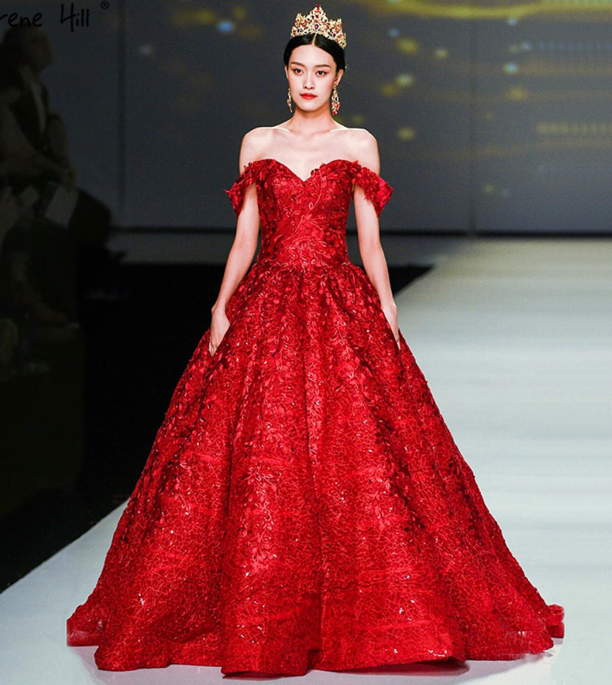 Dubai Designer Red Strapless  Wedding Dresses Fashion Vintage Appliques Sequined New Bride Gowns  Serene Hill Hm66601  W