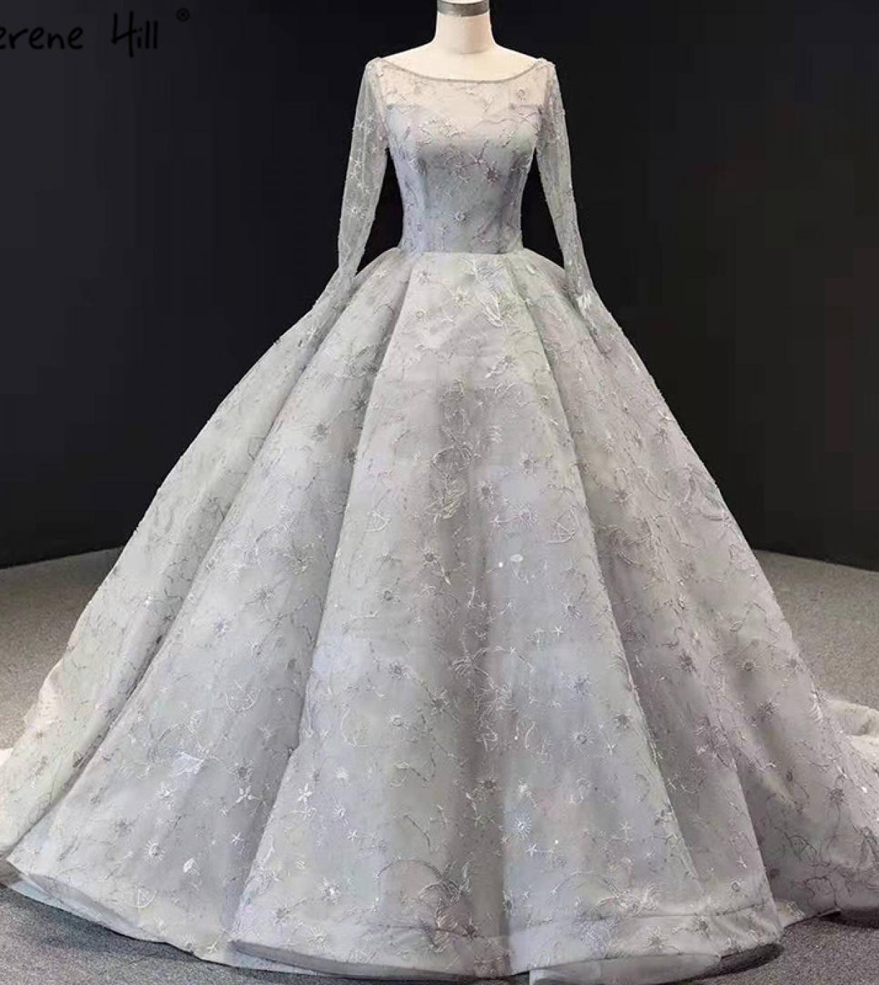 Silver Long Sleeves  Wedding Dresses Design  Handmade Flowers Beading Bridal Gowns Real Photo Hm66954 Custom Made  Weddi