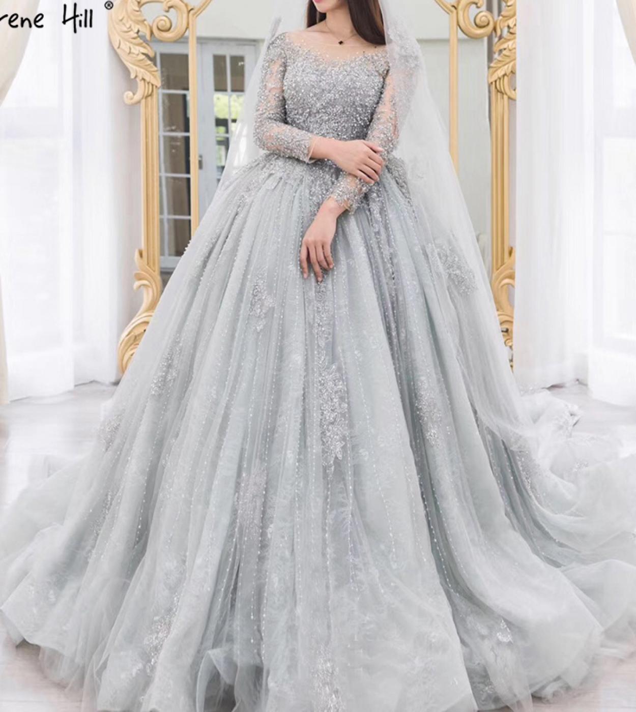 Grey Long Sleeves Luxury  Wedding Dress With Beading Sequined Beading Highend Vintage Bridal Gowns   Wedding Dresses