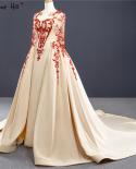 High Quality Champagne O Neck Evening Dresses 2023 Beading Sequins Satin Long Sleeves Formal Dress Hm67047evening Dresse