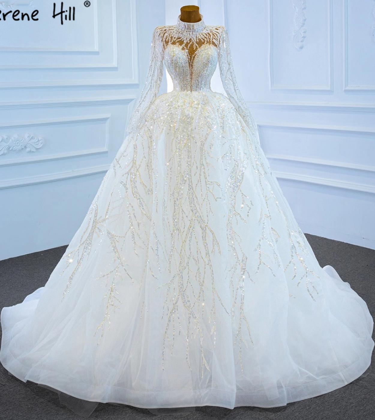 Serene Hill Muslim Luxury White Wedding Dresses  Sparkle Beading Highend Lace Up Bridal Dress Hm67226  Wedding Dresses