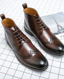 British Ankle Boots Men Shoes Fashion Retro Solid Color Pu Round Toe Bullock Carved Wing Tip Lace Up Casual Street Daily
