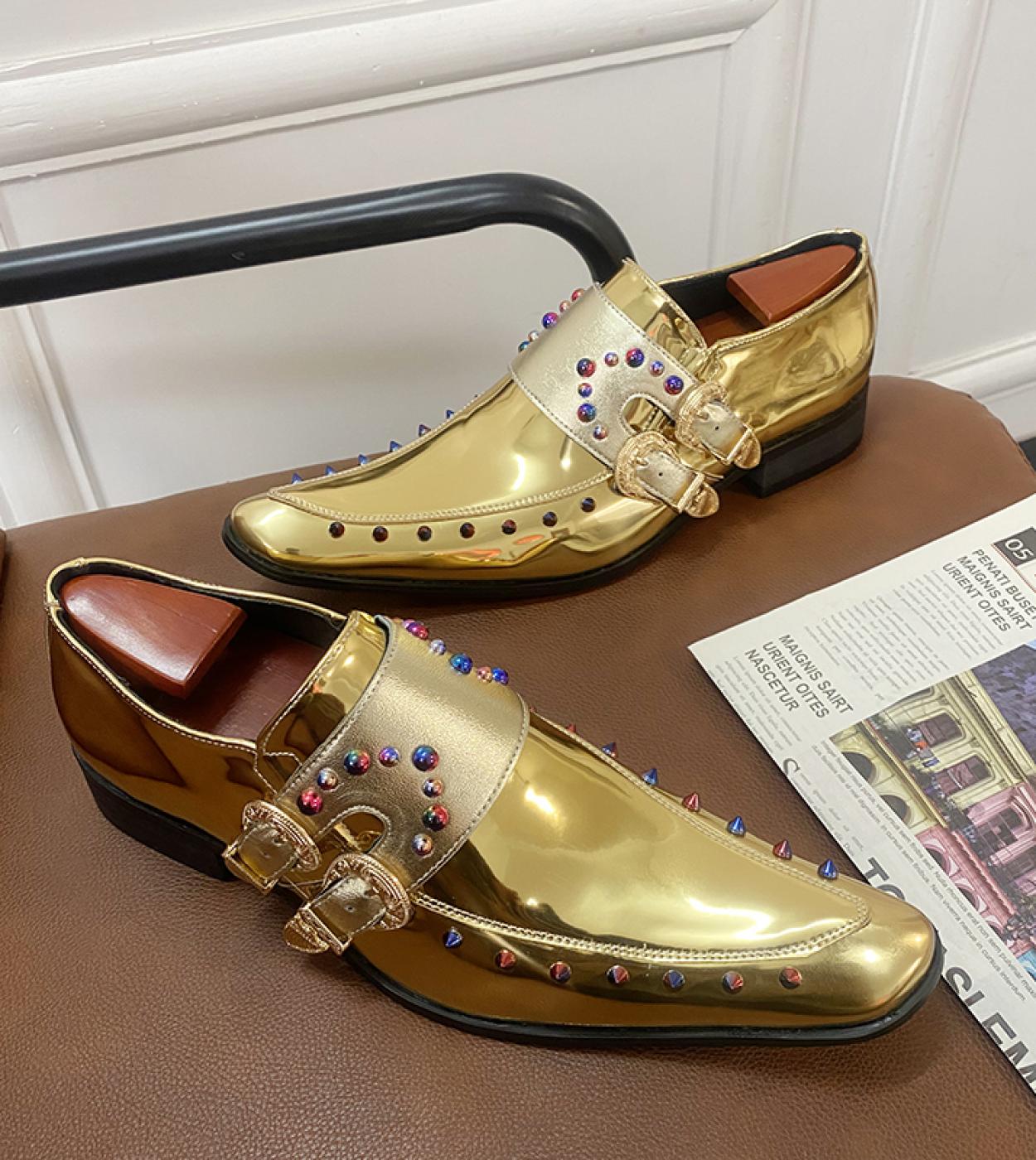 US 54.61 New Gold Double Buckle Wedding Men Shoes Loafers Rivet