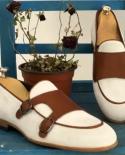 New Loafers Men Shoes Faux Suede Colorblock Fashion Business Casual Wedding Classic Canvas Monk Double Buckle Dress Shoe