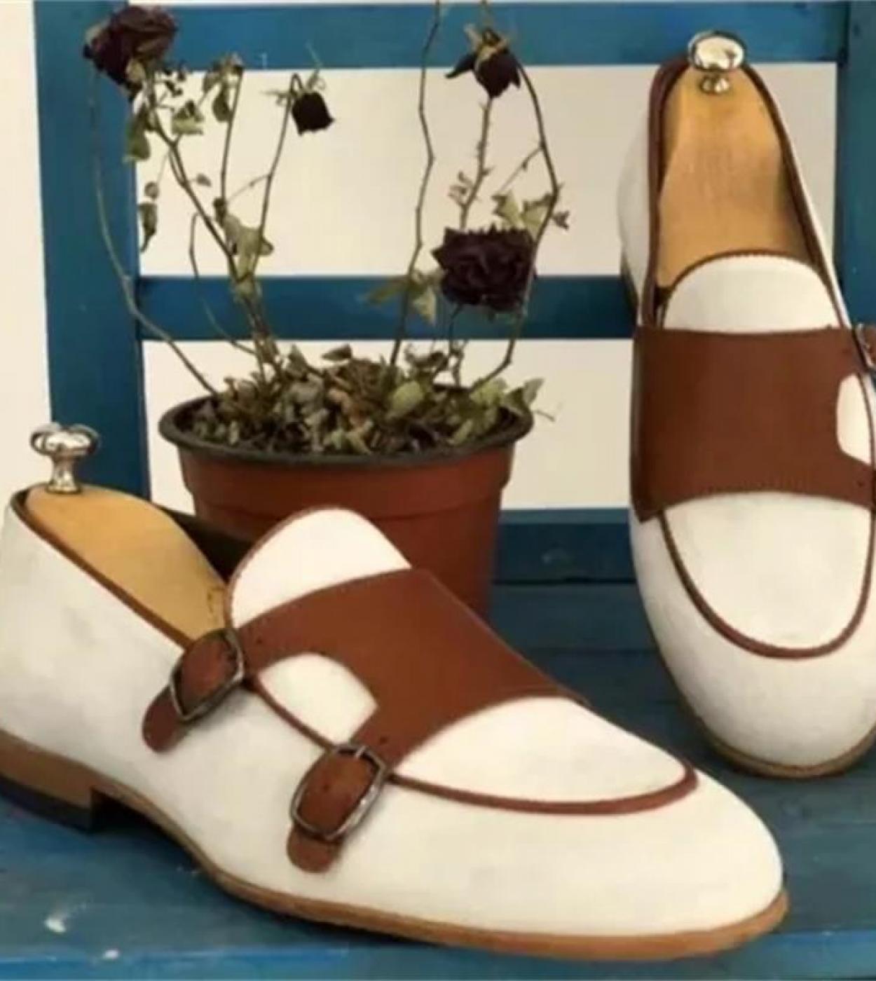 New Loafers Men Shoes Faux Suede Colorblock Fashion Business Casual Wedding Classic Canvas Monk Double Buckle Dress Shoe