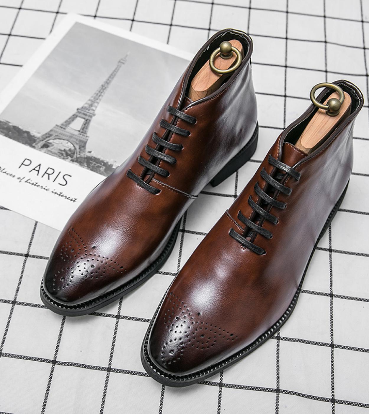 Brock Carving Men Boots Fashion Brown Punk For Men Casual Leather Street Style Ankle Boots Men Pointed Famous Brand Shor