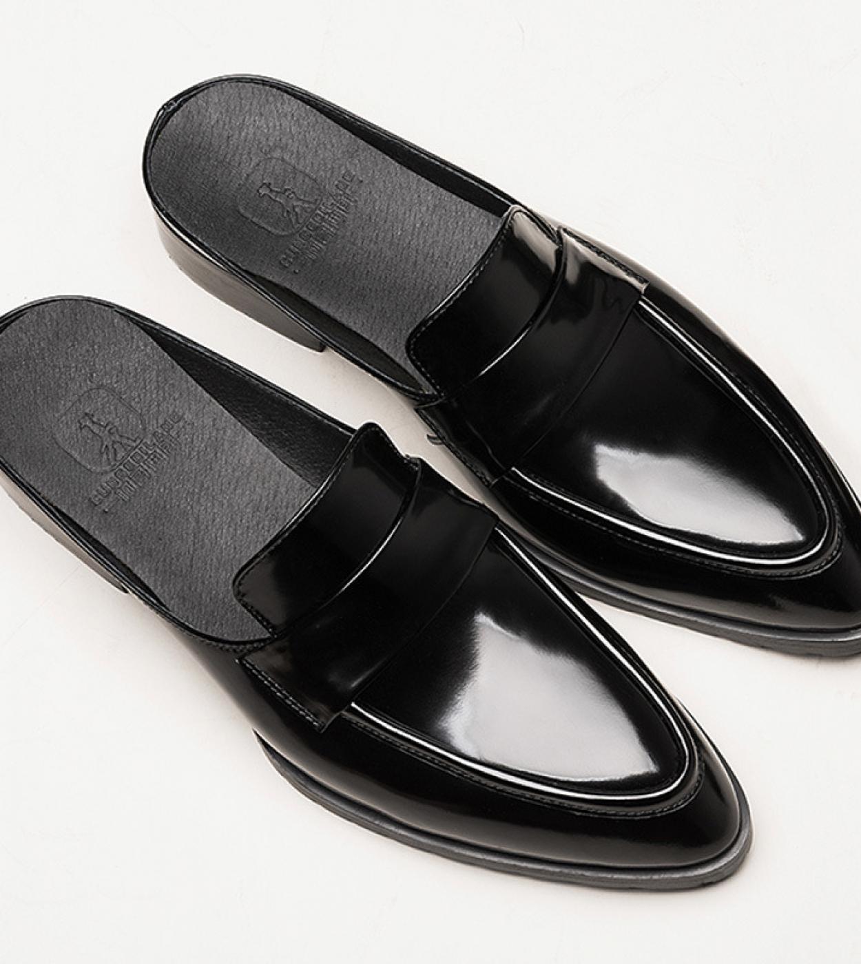 Black Men Dress Shoes Half Slippers Luxury Genuine Leather Mens Summer Office Shoes Quality Breathable Casual Sandals O