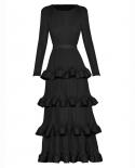 Fall Womens Dresses For Party 2022 Runway Autumn Luxurious Folds O Neck Long Sleeves Ruffles Belt Solid Elasticity Maxi
