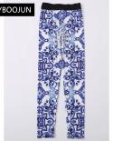 Two Piece Sets Womens Blue And White Fabric Porcelain Pants Set Women Short Sleeveless Tank Top＋high Waist Long Pants