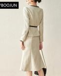 Conjunto de blazer e saia terno formal para mulheres escritório inverno manga longa bolso cinto casaco  saia rabo de peixe fina