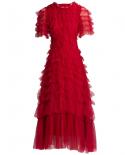 Dresses For Women 2023 Summer Runway Luxury Designer Elegant Short Sleeve Cascading Ruffle Mesh Slim Red Evening Party D