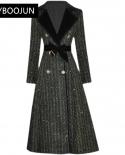Designer Fashion Winter Woman Black Woolen Overcoat With Belt Turndown Collar Double Breasted Sashes Sparkling Casual Lo