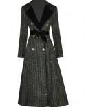 Designer Fashion Winter Woman Black Woolen Overcoat With Belt Turndown Collar Double Breasted Sashes Sparkling Casual Lo
