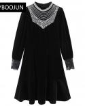 Dresses For Women 2022 Luxury Designer Autumn Runway Standup Collar Beading Lace Lantern Sleeve Black Short Velvet Mini 