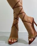 2023 Summer Designer Women Thin 115cm High Heels Apricot Sandals Brown Metal Ankle Strap Sandals Lady Prom Party Shoes 