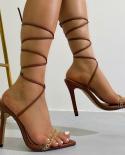 2023 Summer Designer Women Thin 115cm High Heels Apricot Sandals Brown Metal Ankle Strap Sandals Lady Prom Party Shoes 