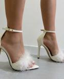 2023 Summer Women Thin 115cm High Heels Pointed Toe Feather Sandals Apricot Buclek Strap Sandals Lady Prom Party Shoes 
