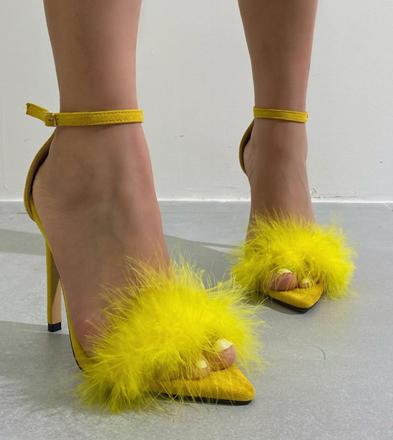 2023 Summer Women Thin 115cm High Heels Pointed Toe Feather Sandals Yellow Buclek Strap Sandals Lady Prom Party Shoes B