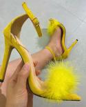 2023 Summer Women Thin 115cm High Heels Pointed Toe Feather Sandals Yellow Buclek Strap Sandals Lady Prom Party Shoes B