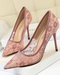 Women Summer Fetish  10cm High Heels Sandals Wedding Mesh Pumps Lady Lace Breathable Scarpins Footwear Pointed Toe Red S