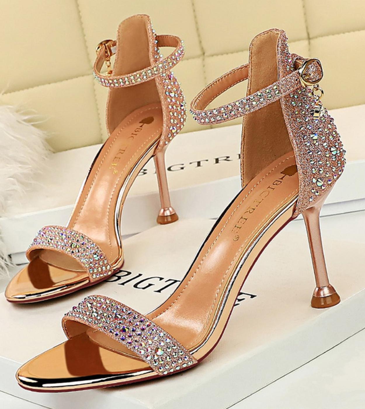 US 37.67 Women Summer Sandals 85cm High Heels Glitter Crystal