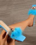 Women Summer 5cm High Heels Slippers Lady Low Heels Fur Felt Slides Nightclub Slipony Green Blue Office Casual Streetwea
