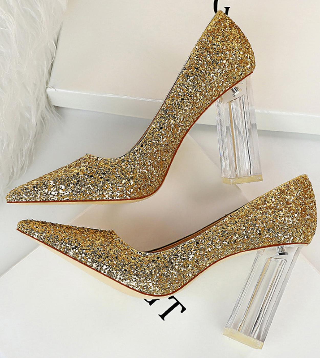 US 42.53 Clear High Heels Shoes Women Silver Shoes Chunky Heels