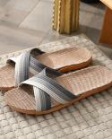 Men Shoes Slippers Linen Home Indoor Open Toe Flat Shoe Beach Slippers Striped Spliced Rubber Sandals Zapatillas Hombre