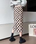 Moukyun Checkerboard Knitted Skirt Womens Autumn  Long Skirt High Waist Black Plaid Back Slit Bag Hip Wool Midi Skirts