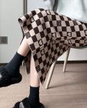 Moukyun Checkerboard Knitted Skirt Womens Autumn  Long Skirt High Waist Black Plaid Back Slit Bag Hip Wool Midi Skirts