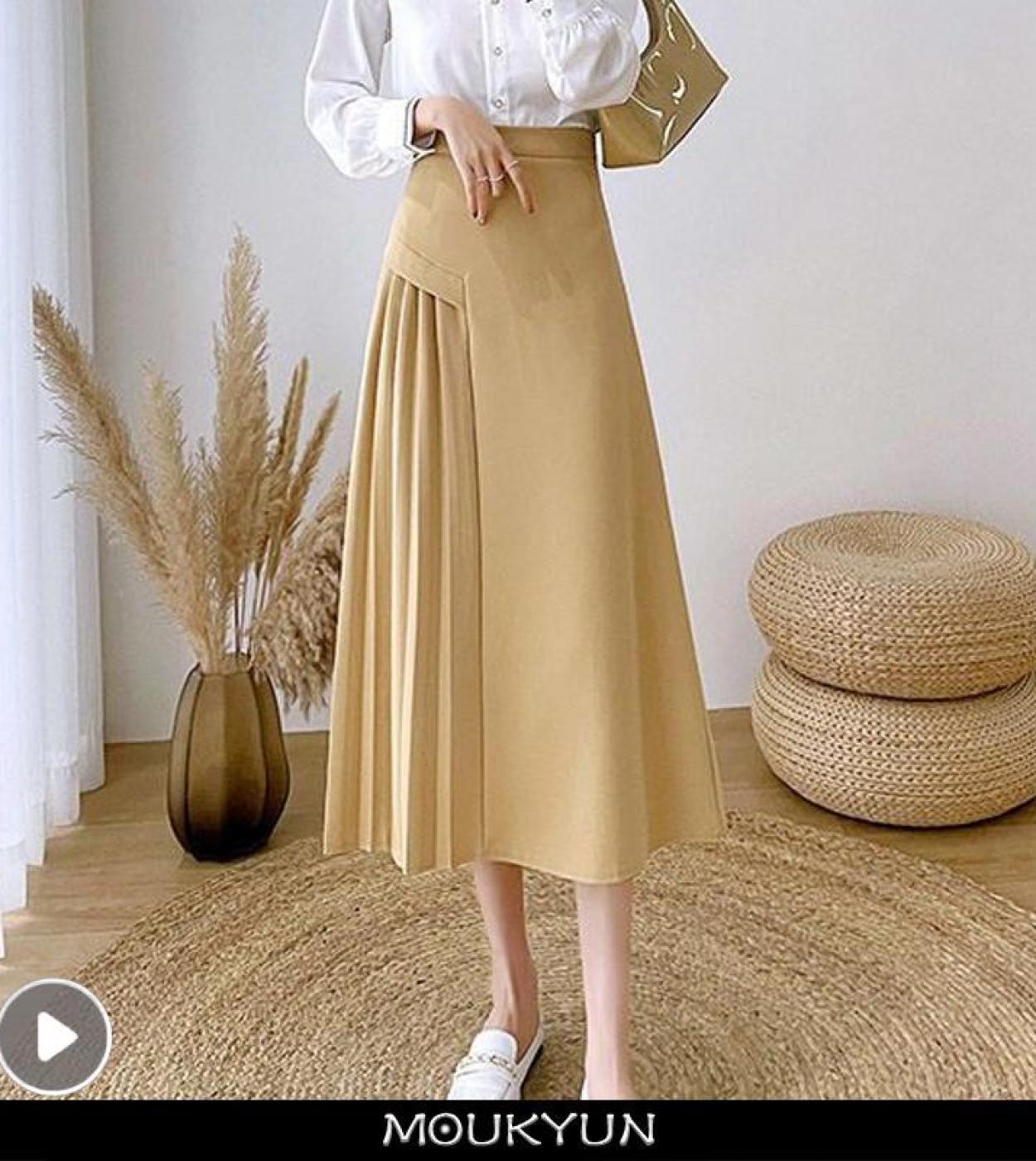 26,27 US$-Moukyun Vintage elegante una línea falda mujer primavera Oficina  Ol alta cintura Faldas largas moda amarillo plisado Faldas Muje-Description