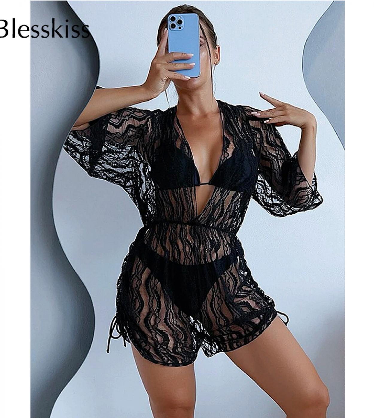 Blesskiss  3 Pieces Bikini Set Swimwear Women 2023 Summer Beach Lace Up Cover Up Short Sleeve Push Up Swimsuit Bathing S