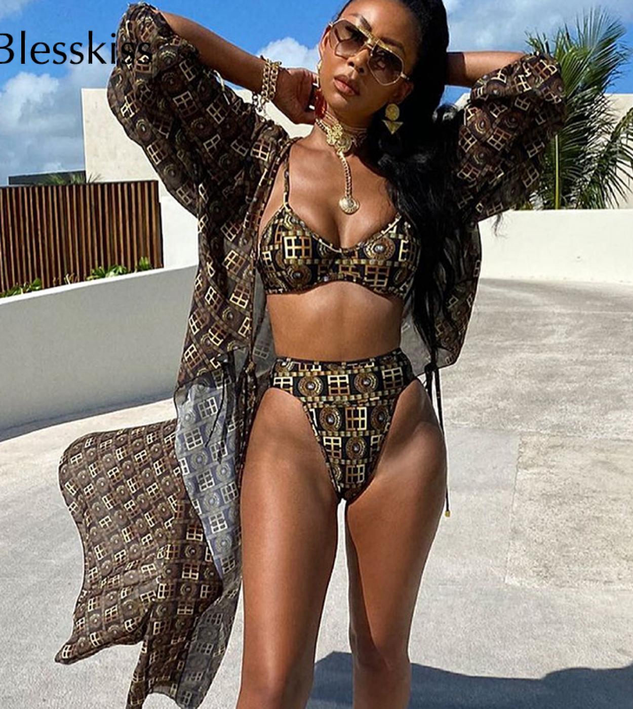 Blesskiss 2022 3 Piece Thong Bikini Set With Cover Up High Cut Brazilian Bikini Swimwear Beach Bathing Suit Swimsuit Wom