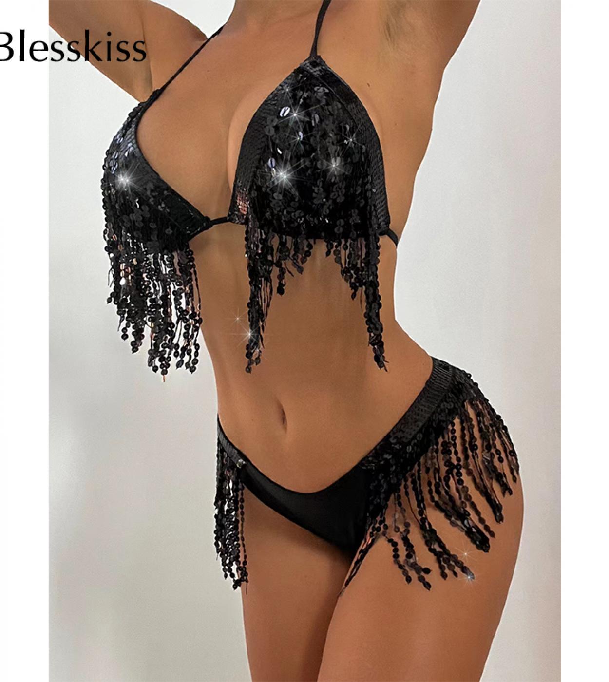 Blesskiss Glitter Fringed Bikini 2022 Women Swimwear  Micro String Bikini Set Beach Party Cosplay Beachwear Bathing Suit
