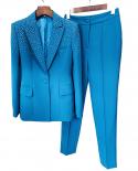 Pantsuits Blazer Suit Blue Pink Women Hot Drill Diamonds Collar Single Button Pencil Pants Office Trousers Wear Two Piec