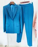 Pantsuits Blazer Suit Blue Pink Women Hot Drill Diamonds Collar Single Button Pencil Pants Office Trousers Wear Two Piec