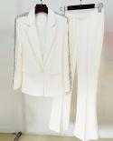 Beaded Rhinestone Blazer Pants Suits Women Black White Bead Diamond Crystal Slim Fit Handmade Pants Sets Two Pieces Sets