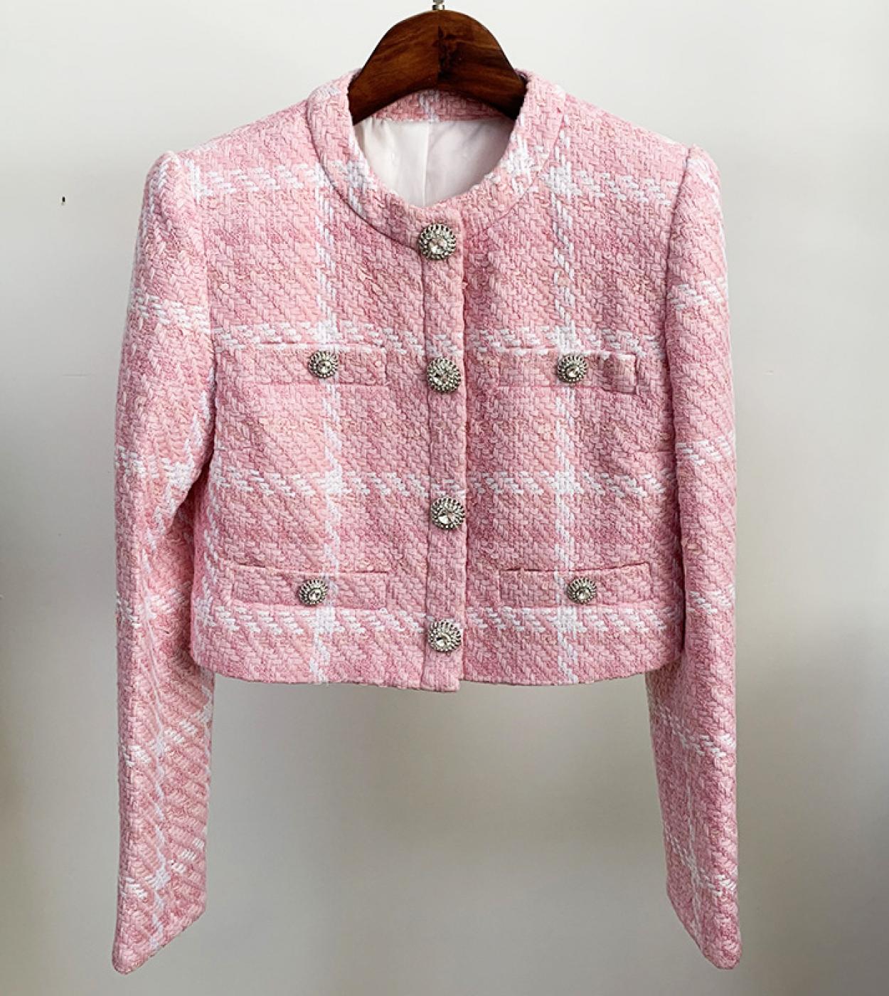 Pink Plaid Woven Woolen Women Jacket Coat  Autumn Winter Custom Fabric Diamond Button Short Jackets Coats Women High Qua