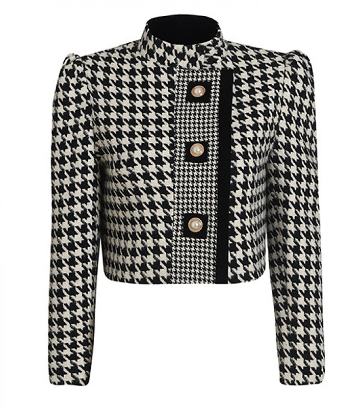 Woolen Houndstooth Blazer New Designer  Autumn Winter Elegant Fashion Stand Collar Diagonal Button Short Jacket Women  B