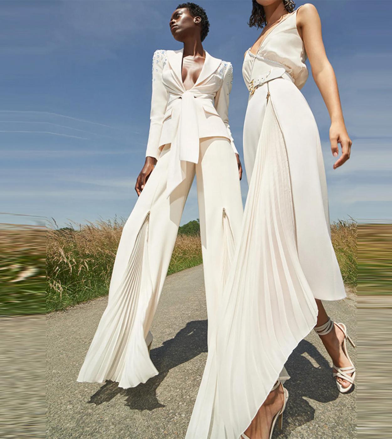 Nouveau Design pantalons blanc Blazer plisse fermeture eclair pantalon bureau mariage deux pieces ensembles femmes costumes tenu