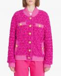 Knitted Baseball Jacket Hot Pink 2022 Autumn Winter New Design Fashion Gold Lion Button Sequins Knit Baseball Coat Women