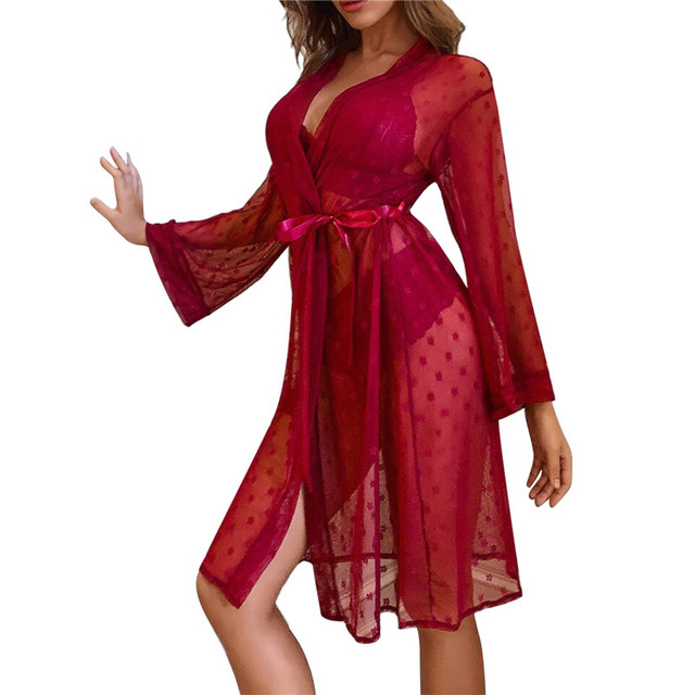 US$14.89- Female Sleepwear Robe Set Summer Bathrobe Lace Bath Gown