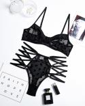 New Fashion Exotic Mesh Cross Strap Bra Panties Sets Twopiece Black Dot Seethrough  Lingerie Push Up Bikini Set Underwea